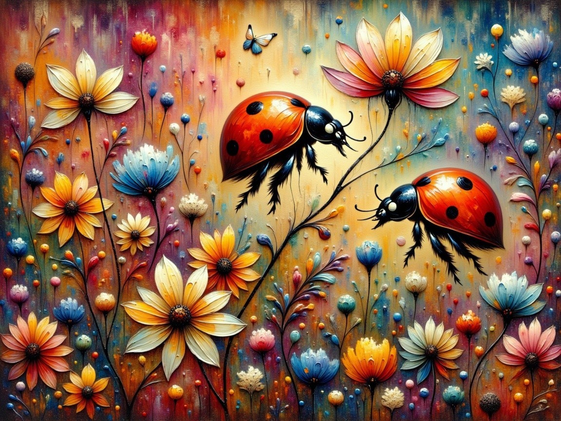 Colorful Garden Scene with Flowers and Ladybugs
