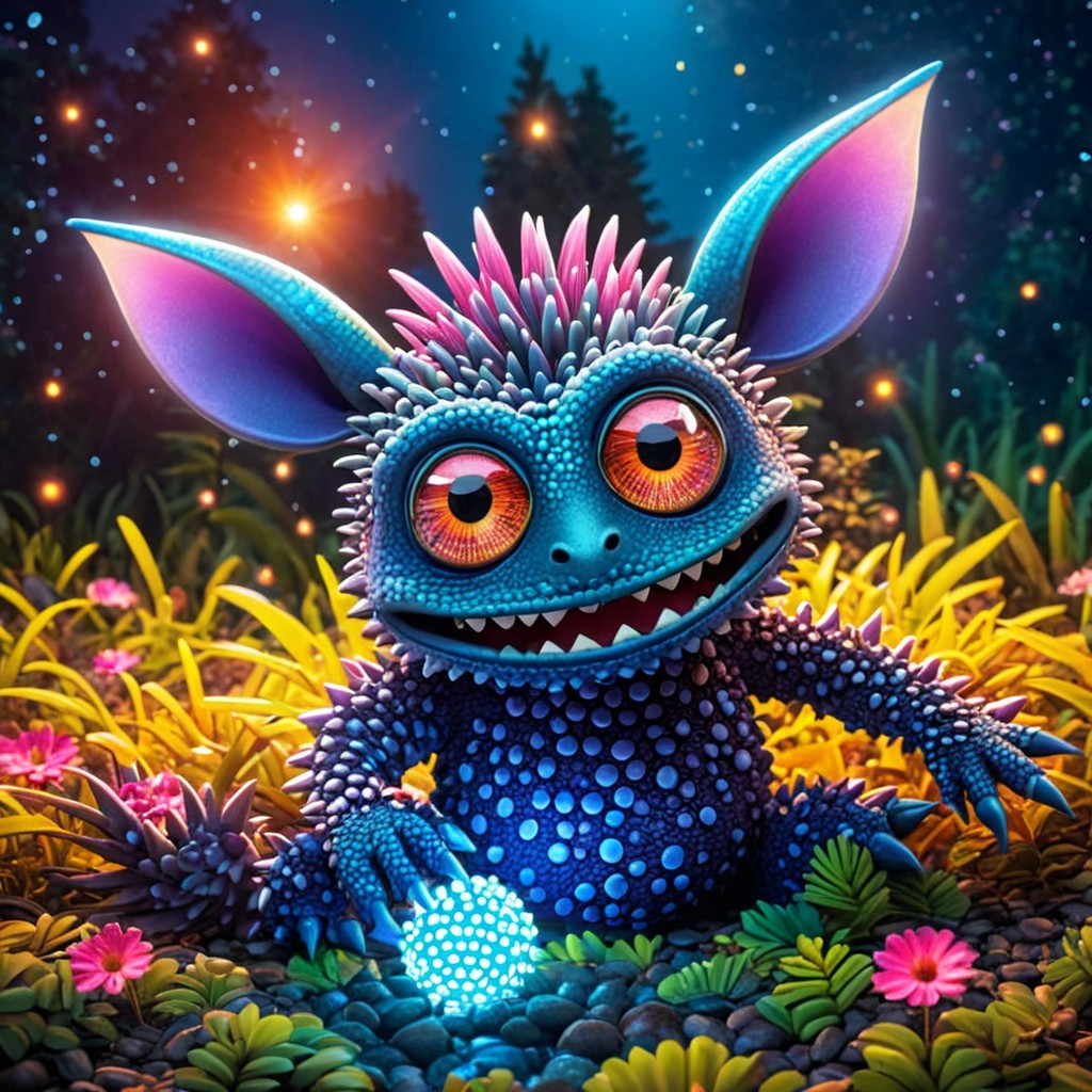 Blue Monster in Enchanted Forest at Night
