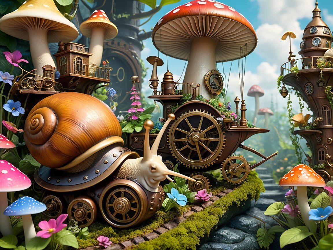 Whimsical Snail Landscape with Colorful Flora and Structures