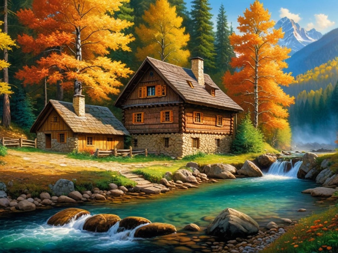 Wooden Cabin Surrounded by Autumn Landscape and Mountains