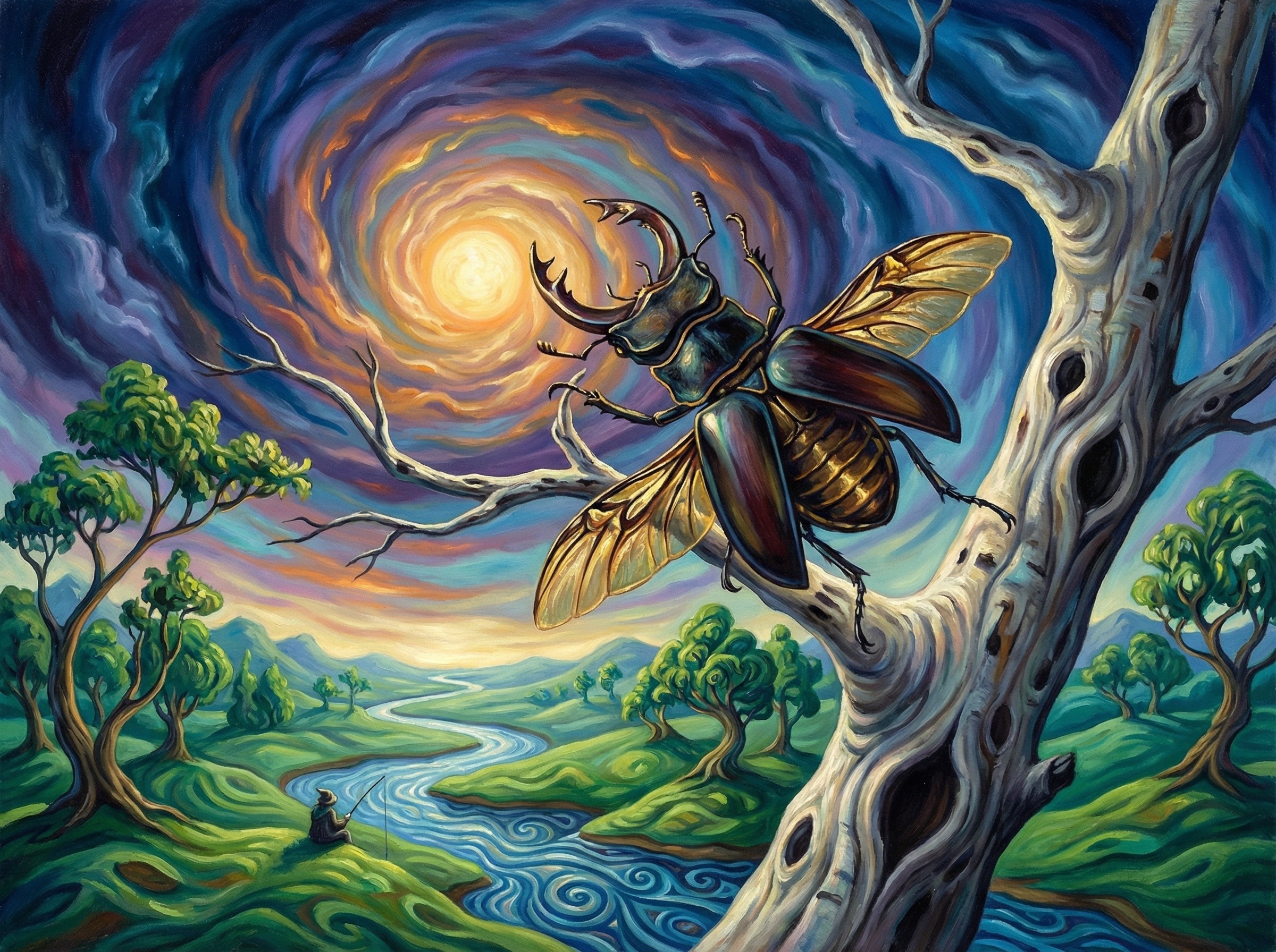 Vibrant Artwork of a Stag Beetle on a Tree Branch