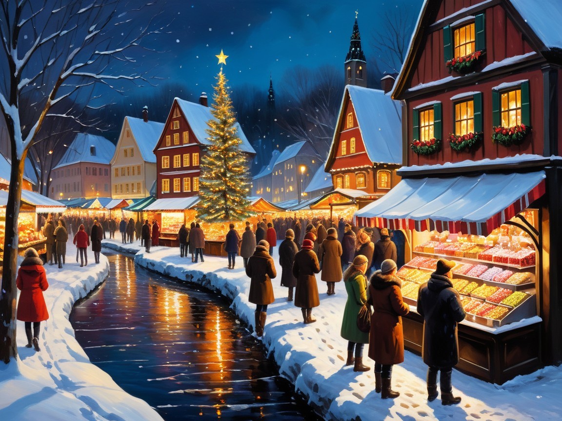 Winter Evening Scene at a Festive Market with Lights