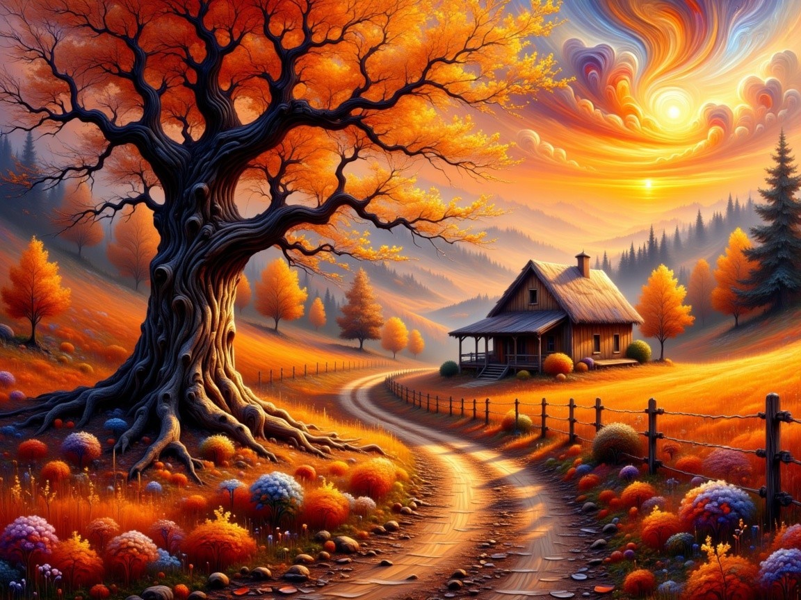 Autumn Landscape with Cabin and Colorful Foliage