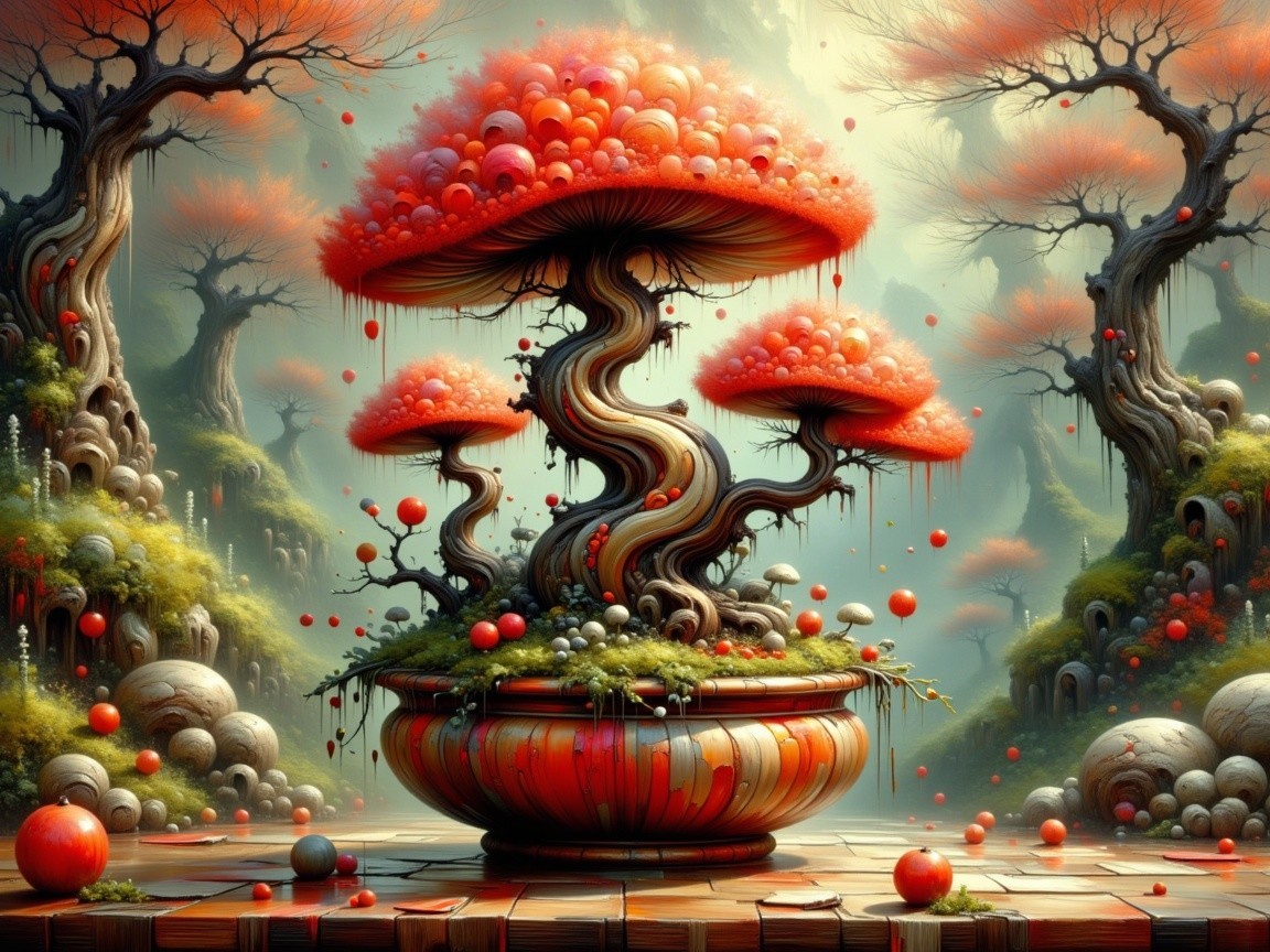 Whimsical Landscape with Oversized Mushroom Trees