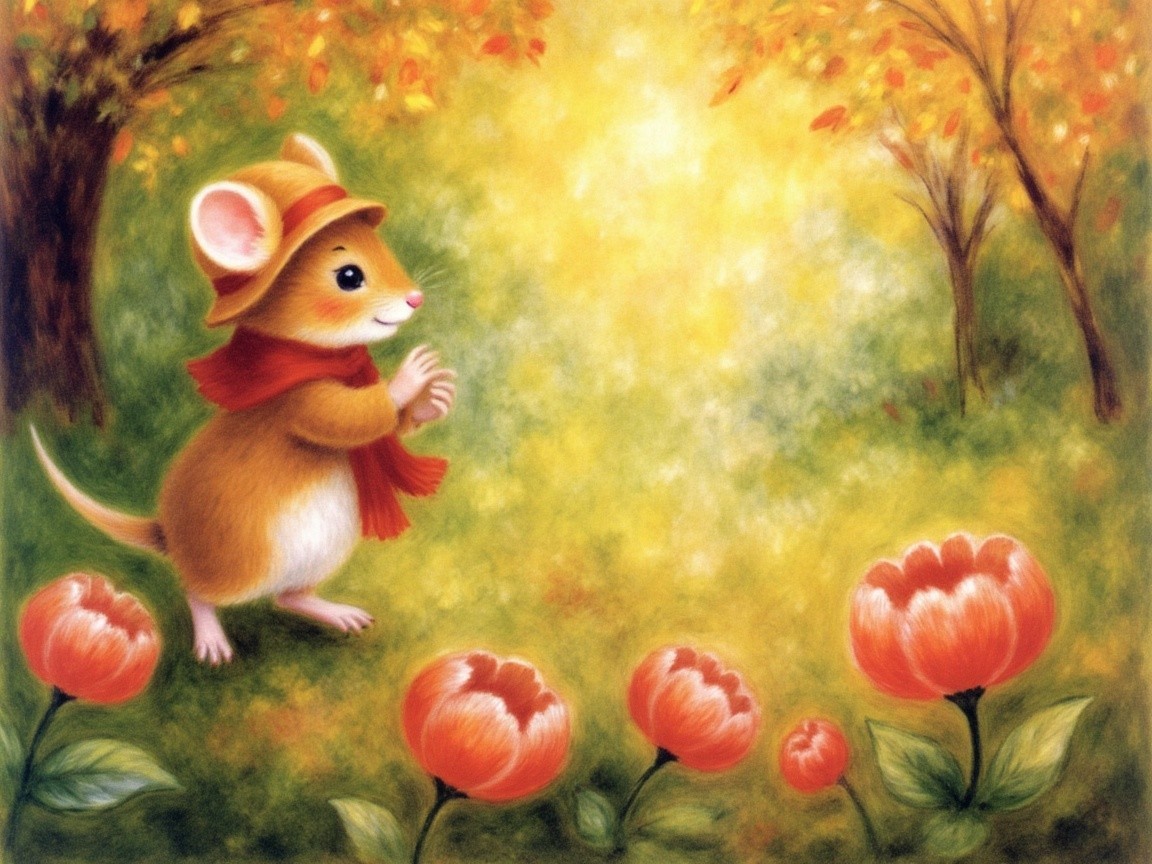 Cheerful Mouse in Autumn Landscape with Flowers