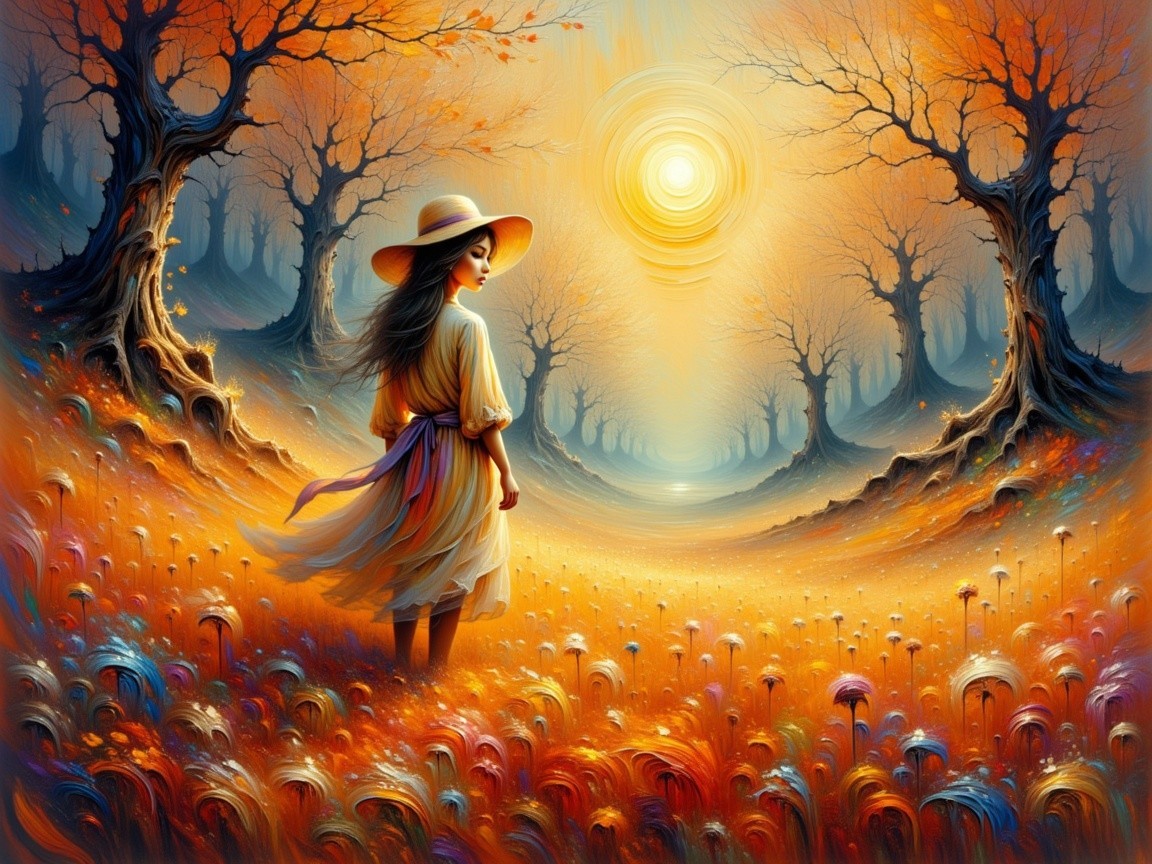 Young girl in vibrant autumn landscape with flowers