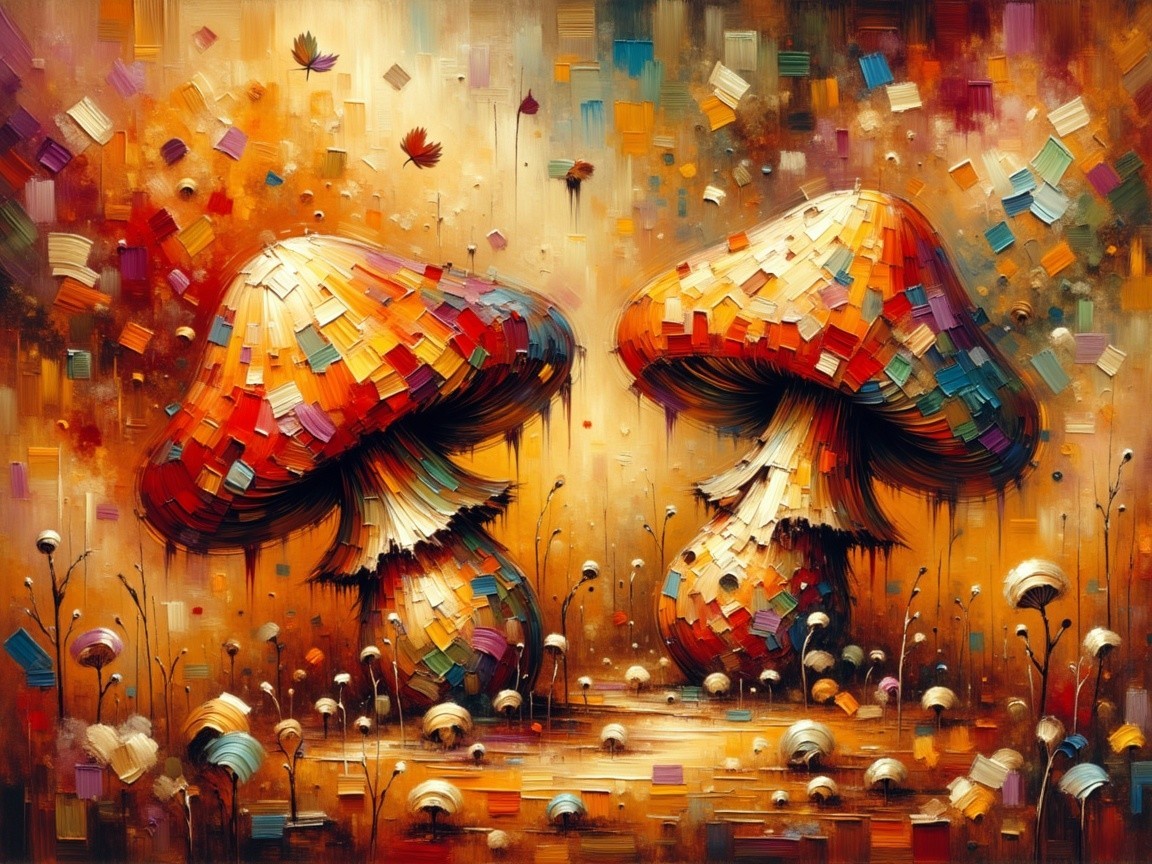 Vibrant Abstract Mushrooms in Dreamlike Flora Setting