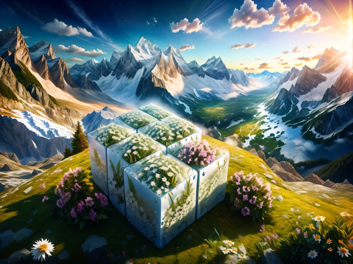 Serene Landscape with Mountains and Rubik's Cube Garden