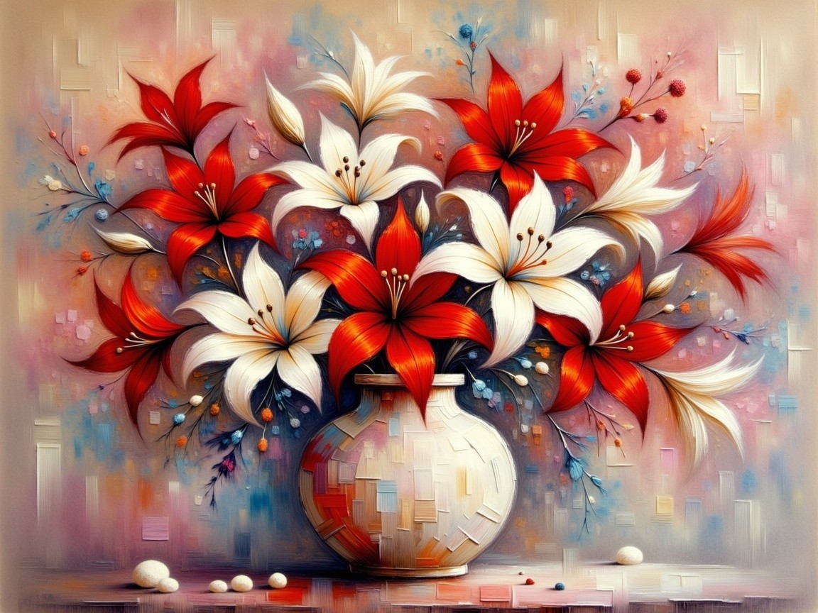 Vase with Vibrant Bouquet of Red and White Lilies