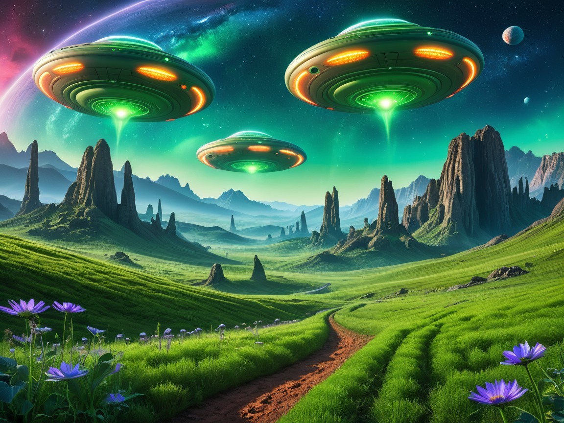 Futuristic UFOs Over Alien Landscape with Colorful Sky