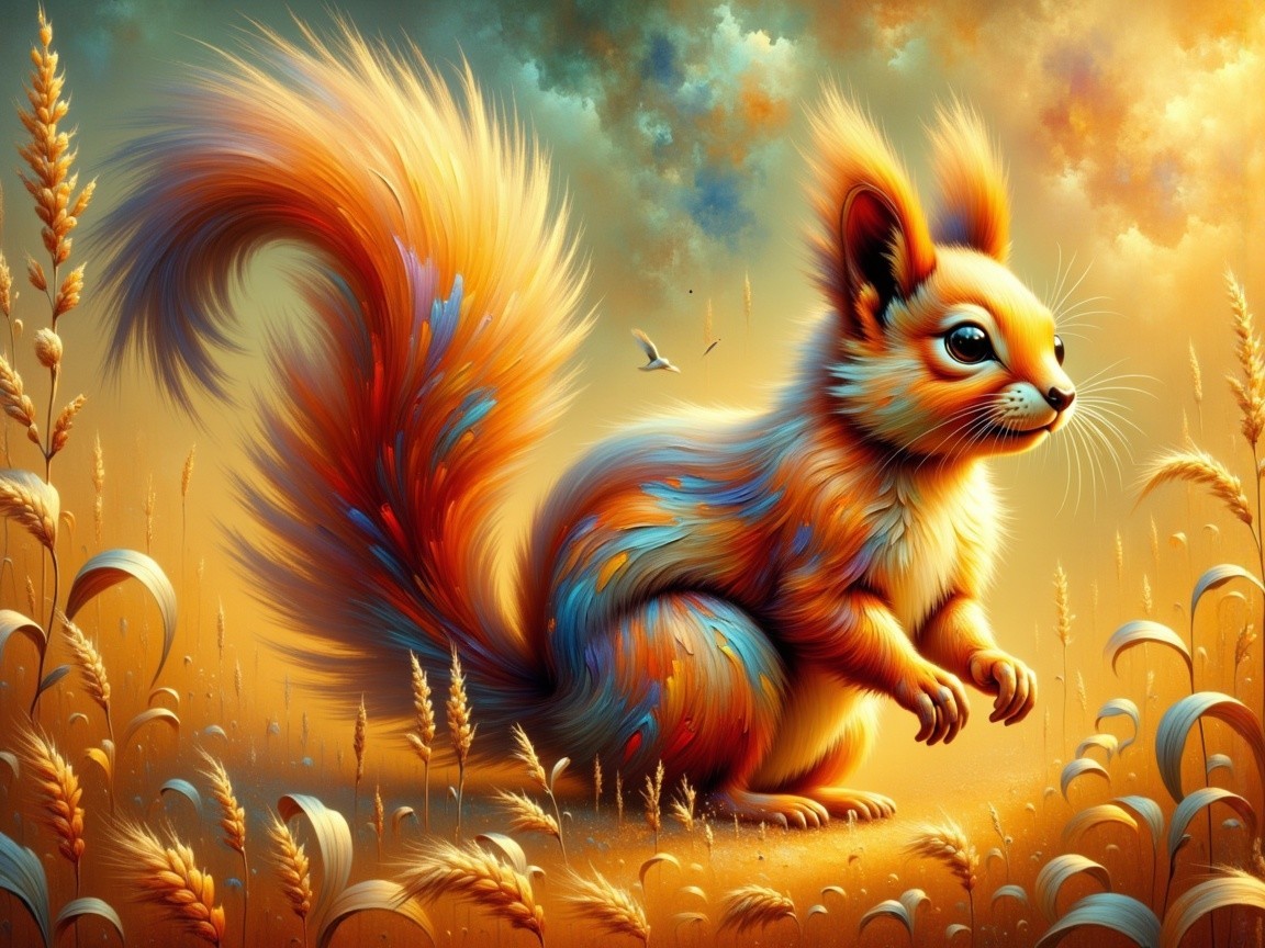 Whimsical Squirrel in Golden Fields Under Tranquil Sky