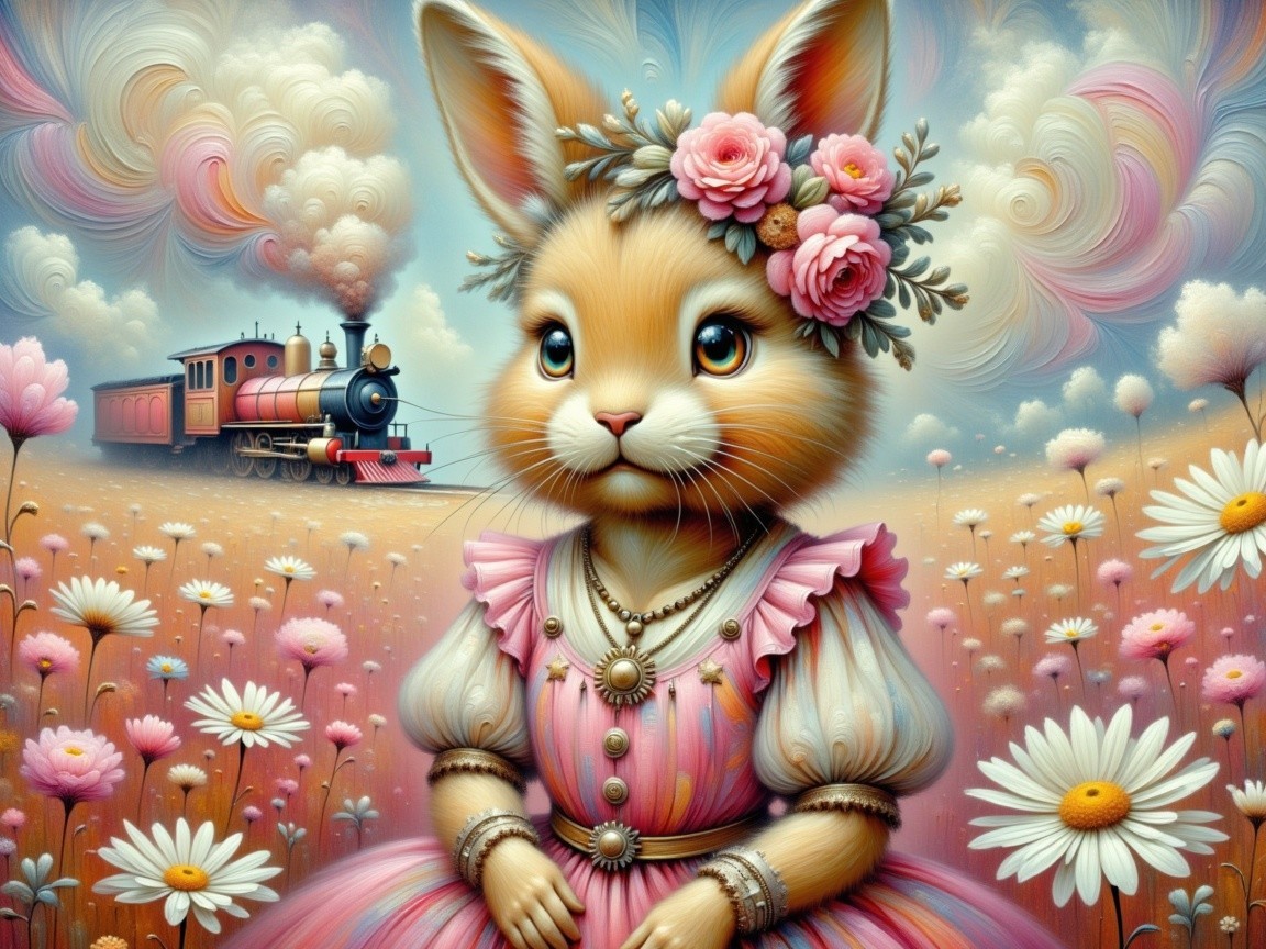 Anthropomorphic bunny in dress among daisies and train