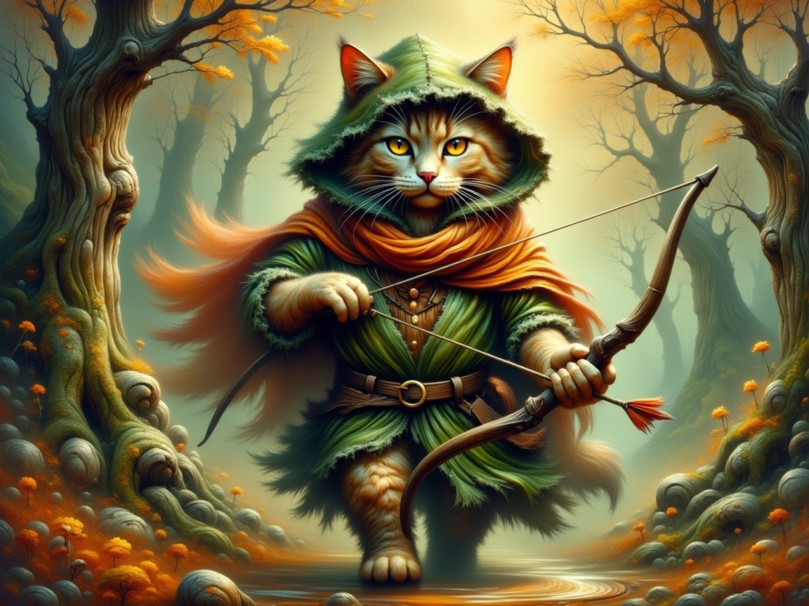 Heroic Cat in Cloak in Mystical Autumn Forest