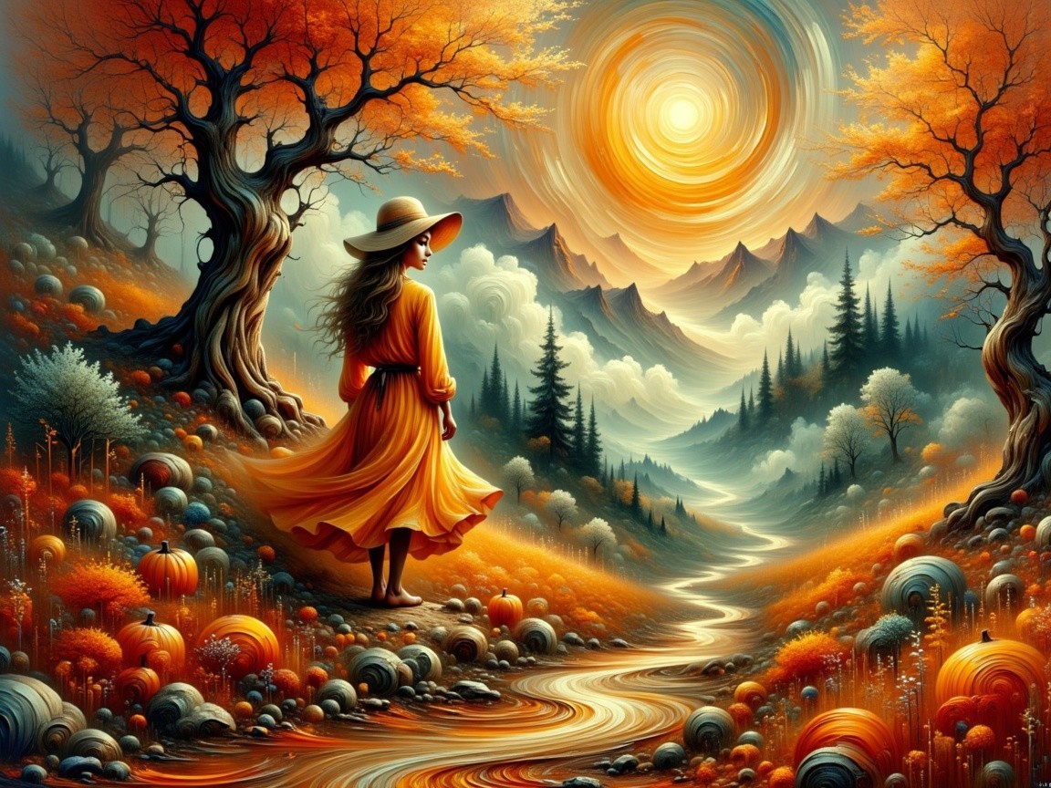 Serene Autumn Landscape with Young Woman by River