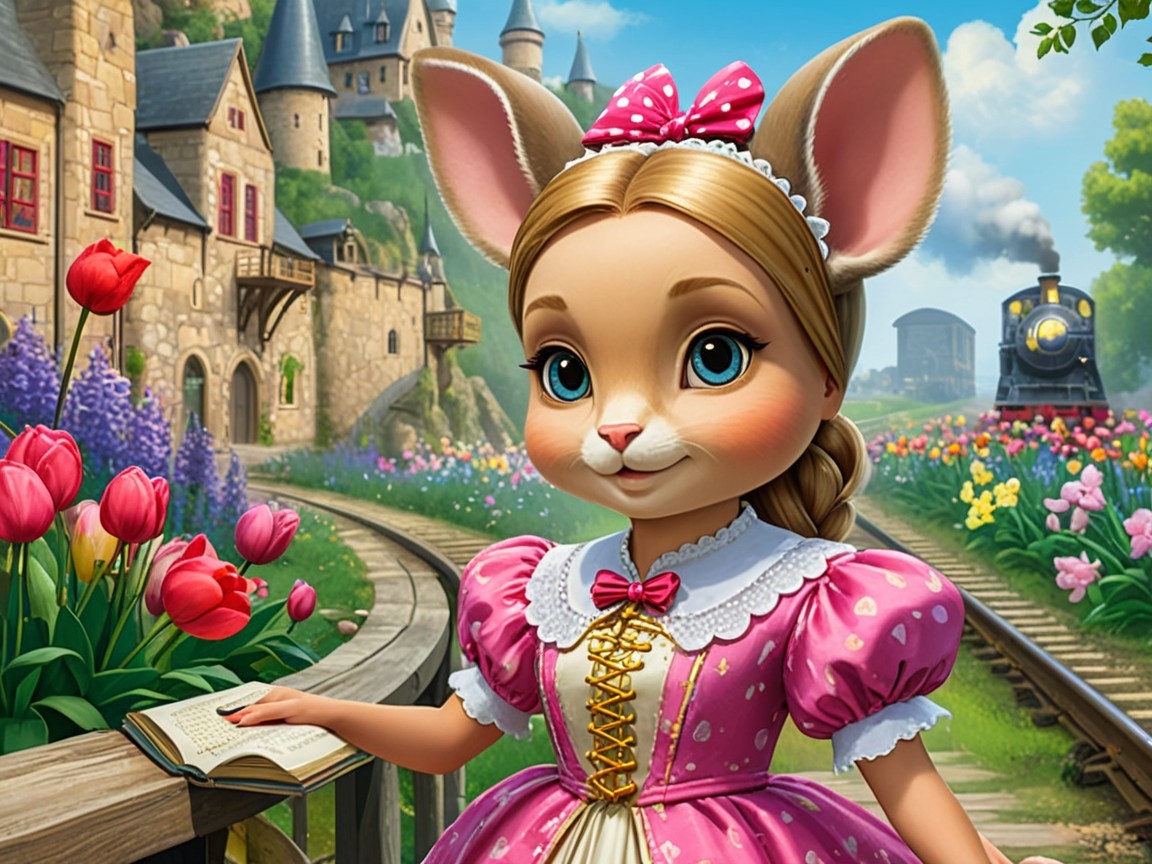 Anthropomorphic bunny girl in a flower path scene