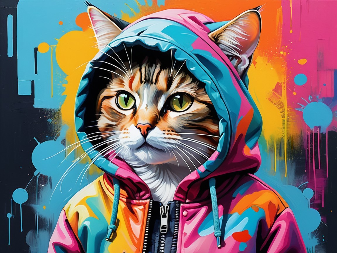 Stylized Illustration of a Cat in a Colorful Hoodie