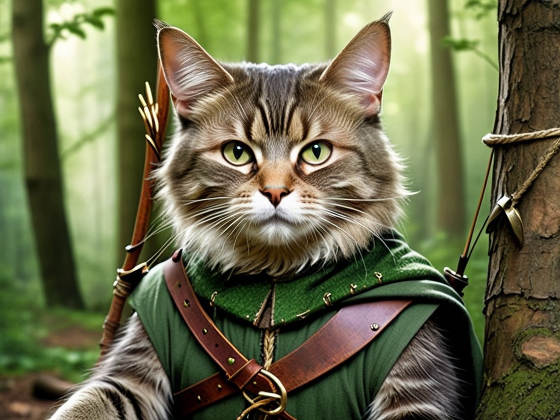 Feline in Elven Outfit in a Forest Setting