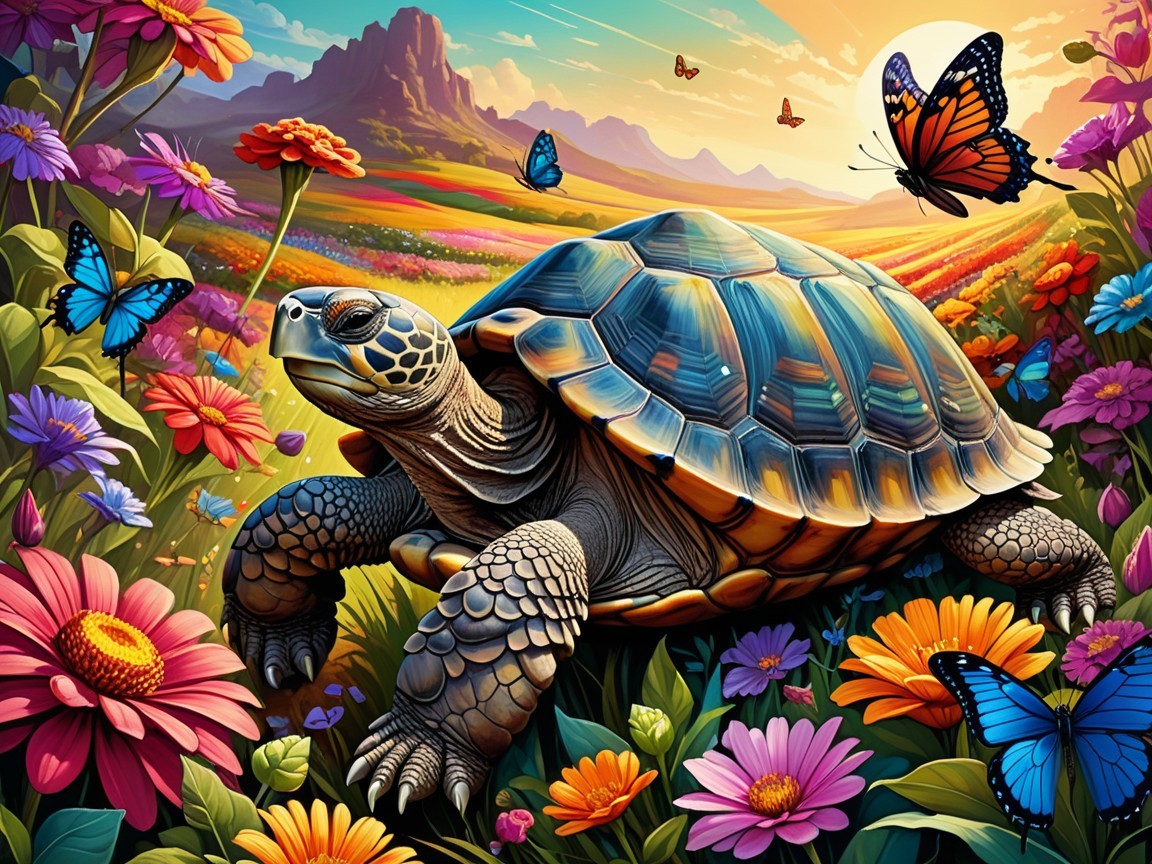 Turtle in Colorful Flower Field at Sunset