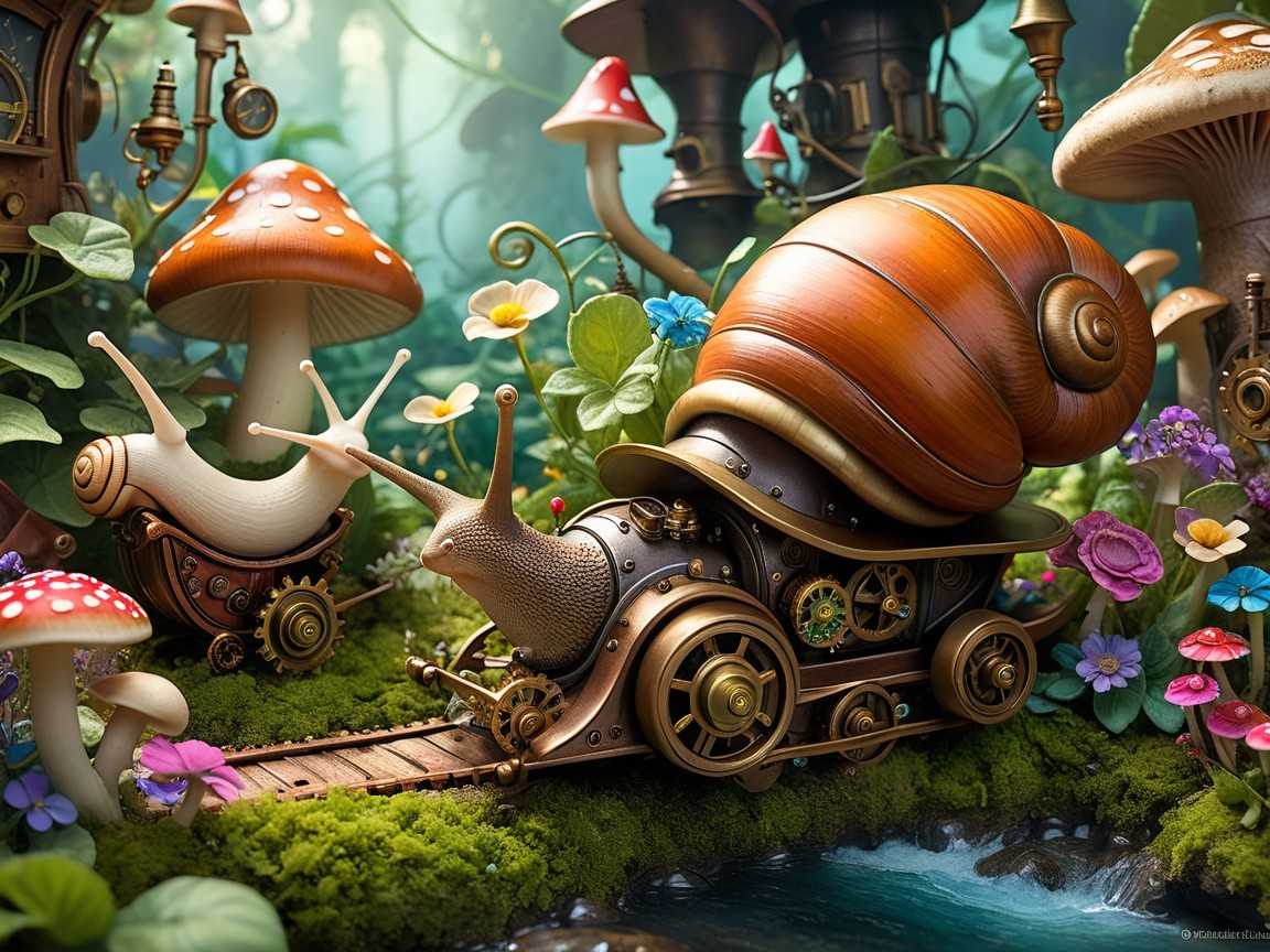 Large Snail on Steampunk Train in Enchanted Forest