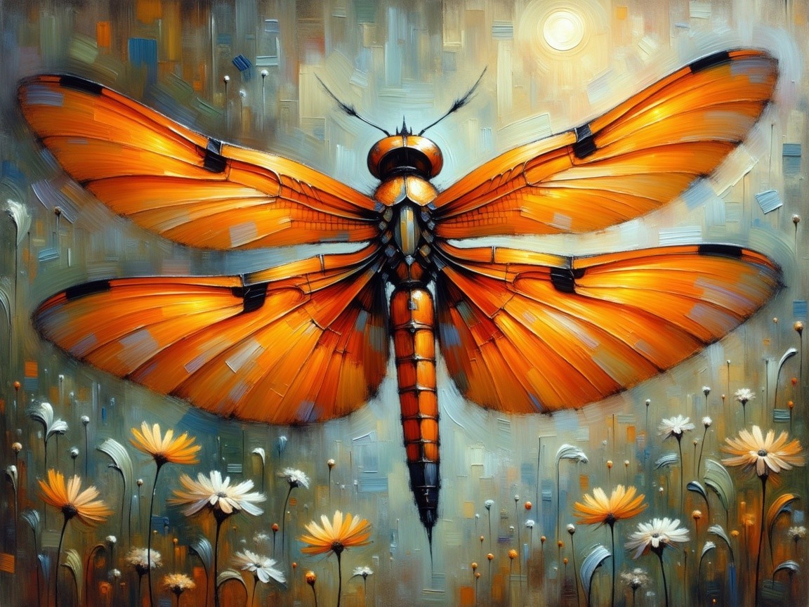 Orange Dragonfly Among Daisies in Sunlit Field