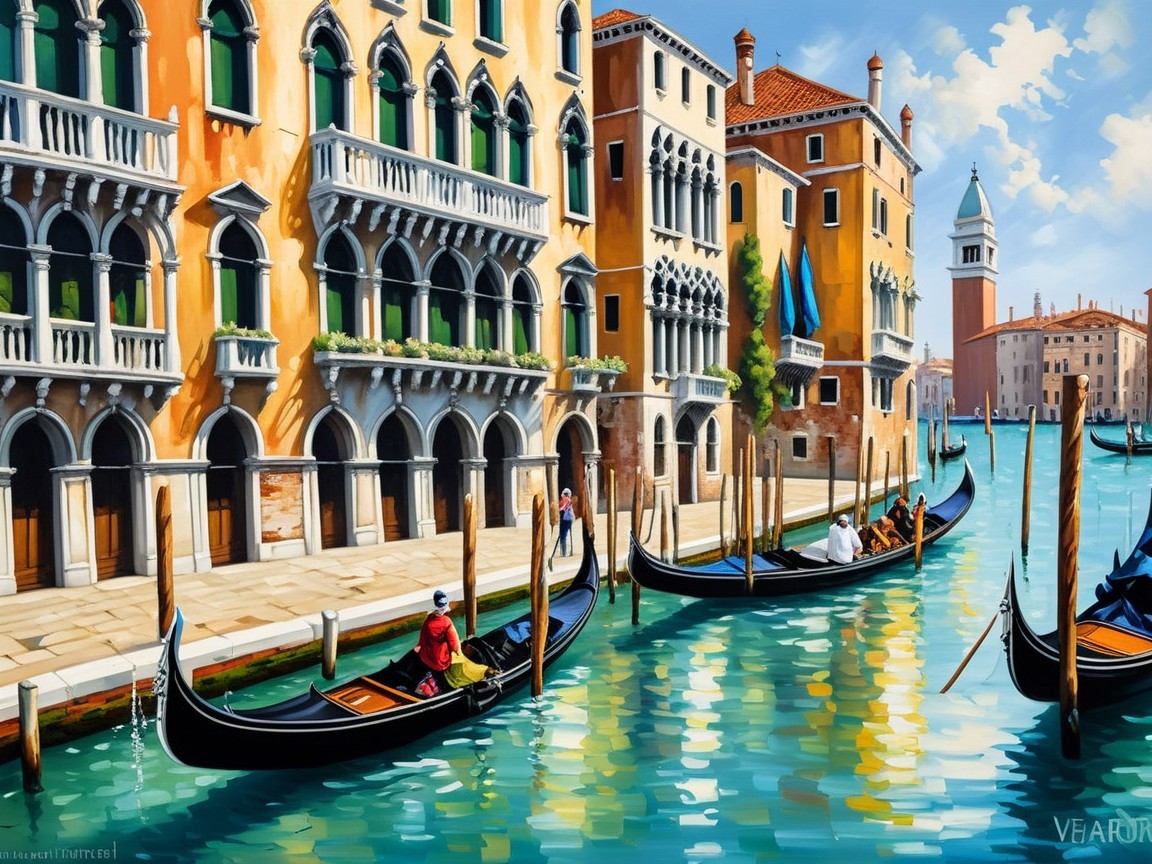 Vibrant Venetian Scene with Gondolas and Historic Buildings