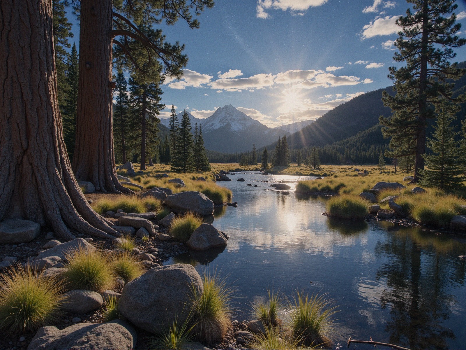 Tranquil River Landscape with Mountains and Pine Trees
