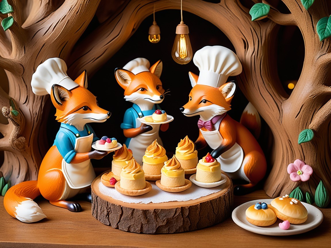 Charming Foxes in Chefs' Attire at Woodland Bakery