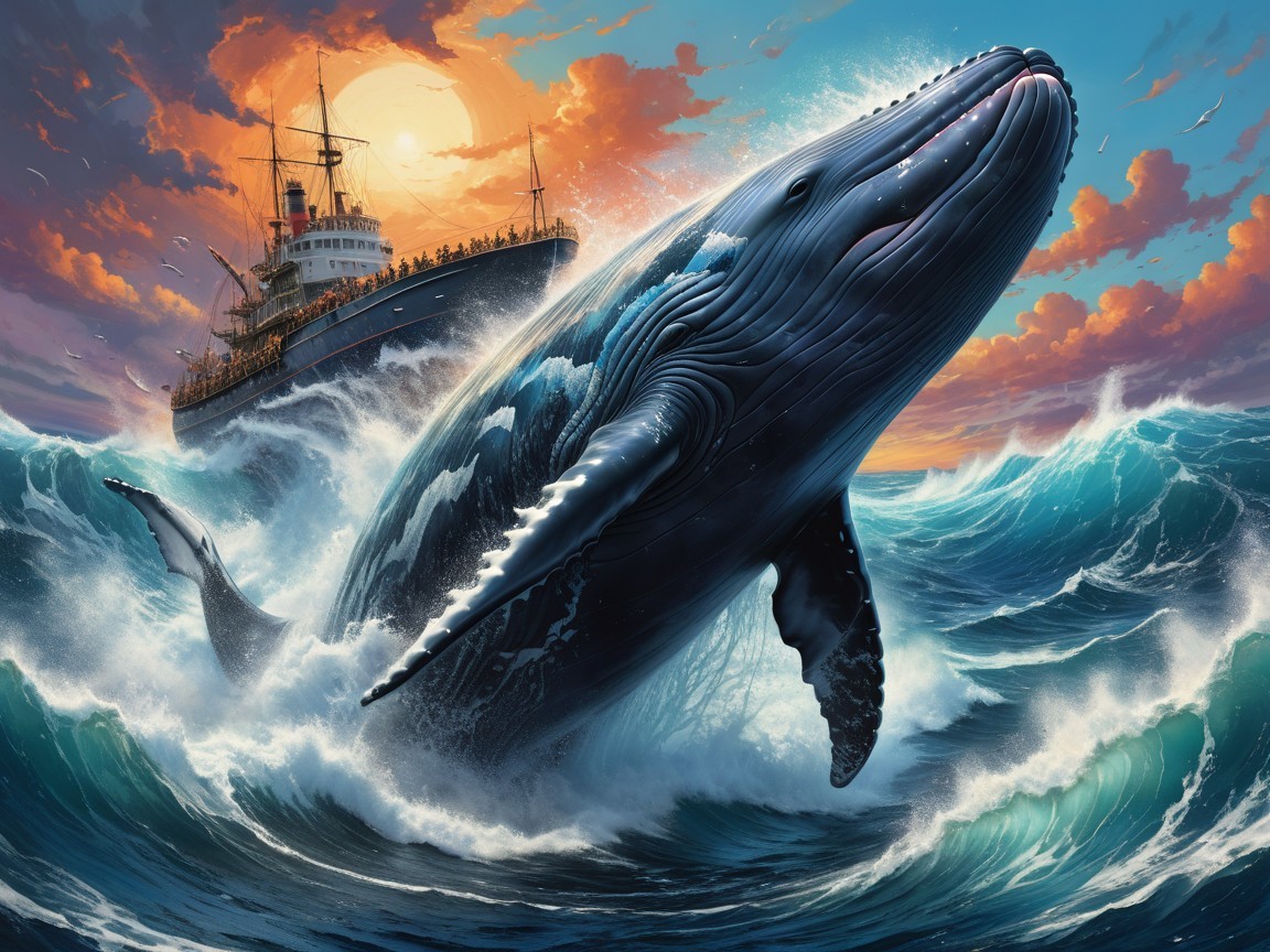 Whale Breaching at Sunset with Ship in Background