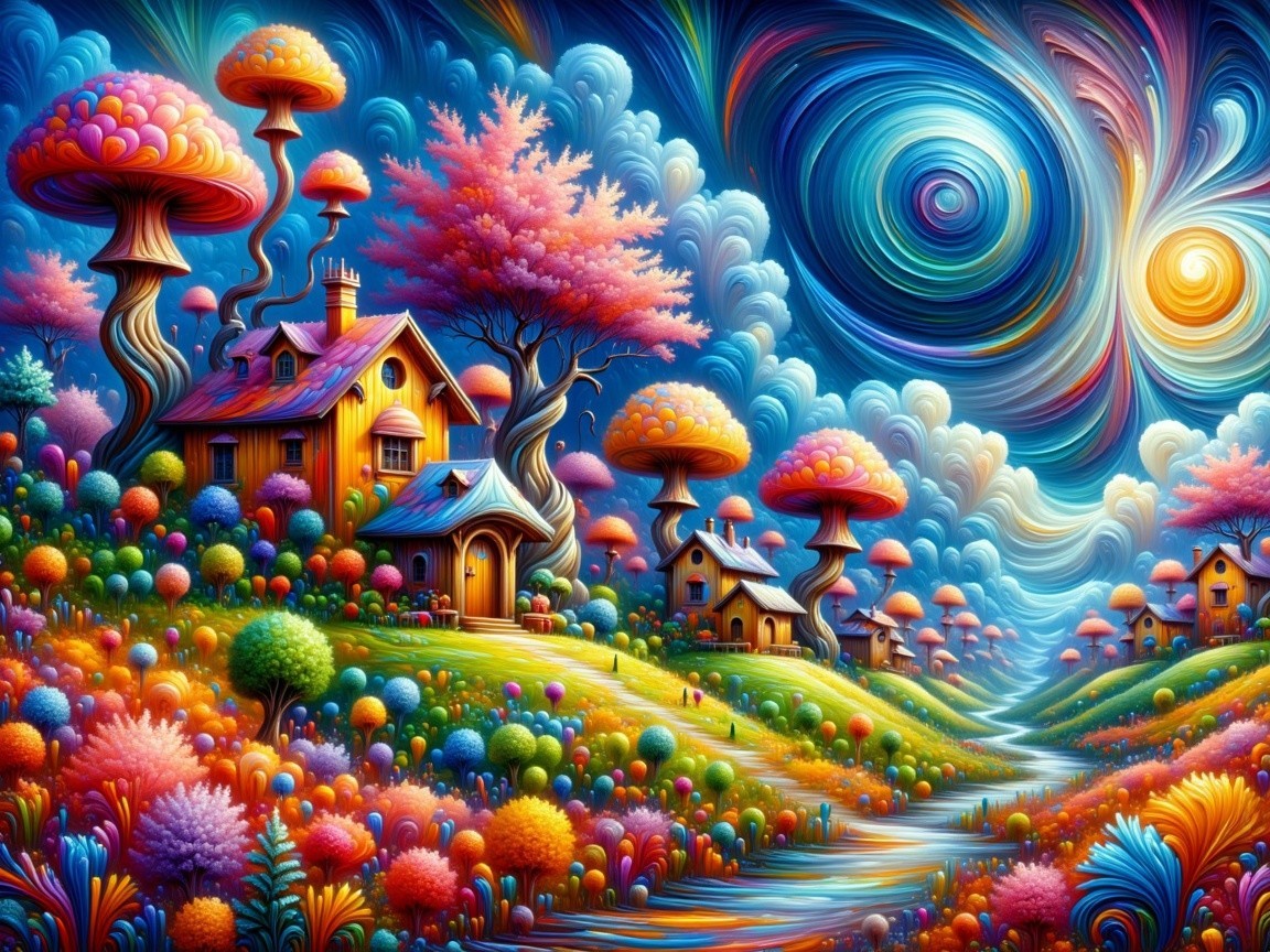 Vibrant Dreamlike Landscape with Whimsical Elements