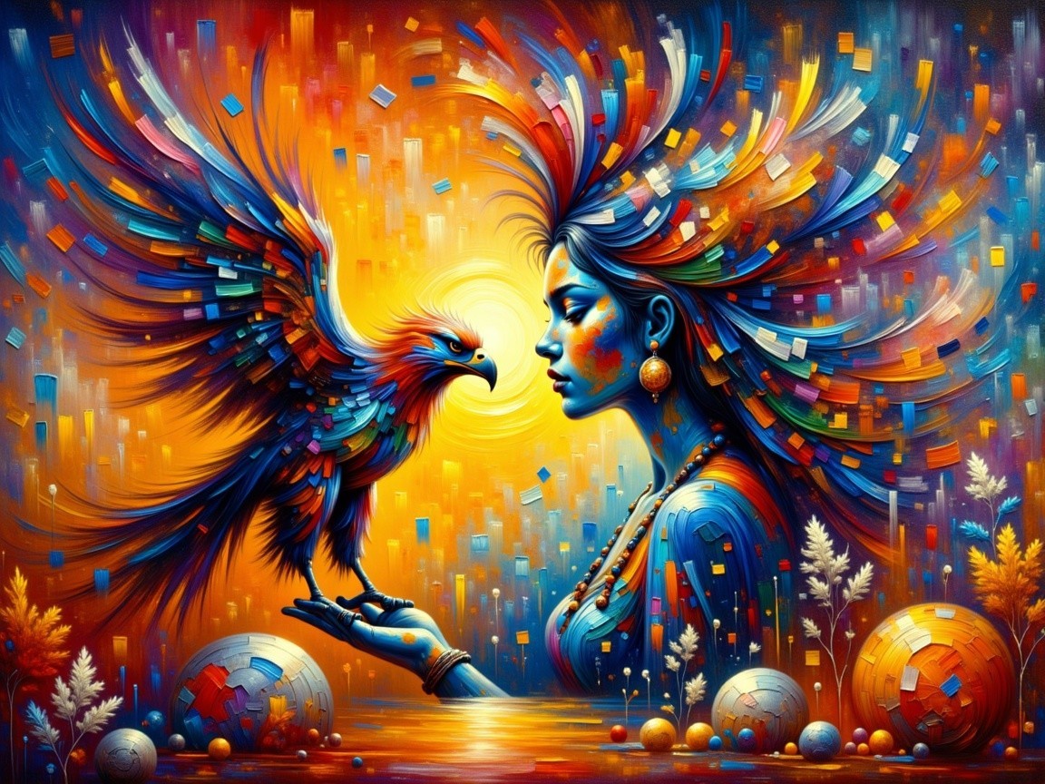 Surreal Scene of Woman with Phoenix and Vibrant Colors