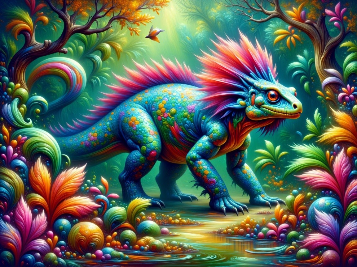Colorful Dinosaur-Like Creature in Fantastical Landscape