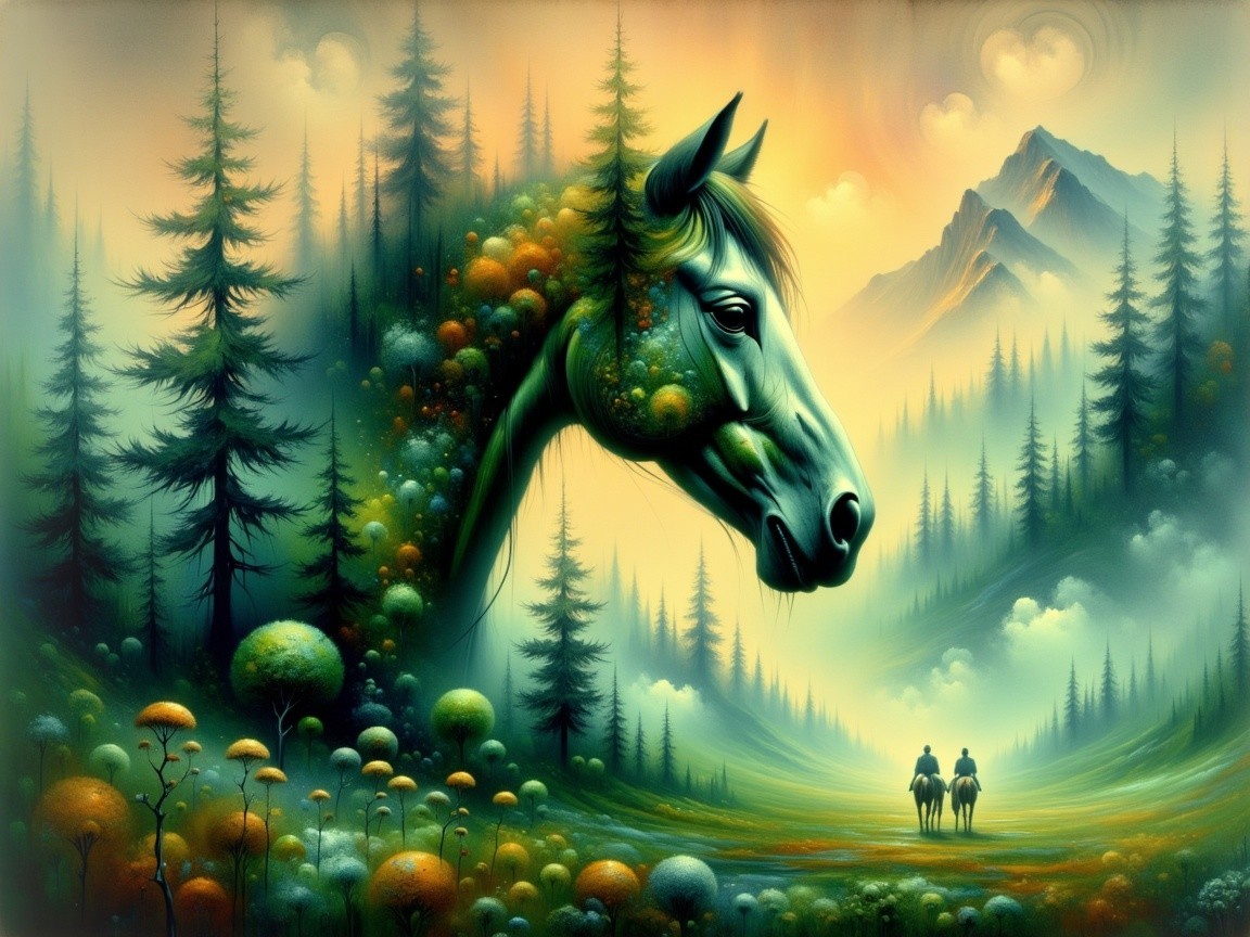 Surreal Landscape with Ethereal Horse's Head and Riders