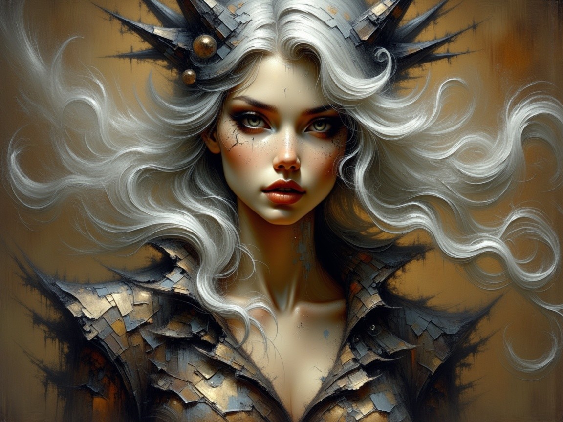 Portrait of a woman with gray hair and metallic attire