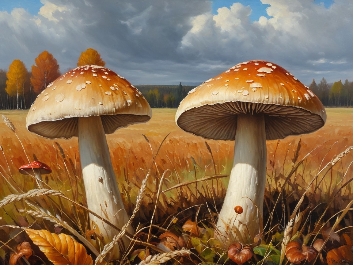 Serene Landscape with Prominent Orange Mushrooms