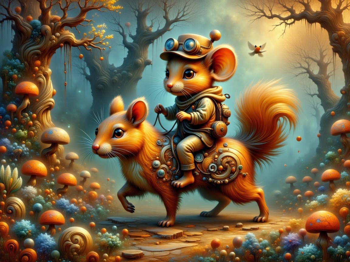 Mouse in Aviator Goggles Rides Fluffy Creature in Forest