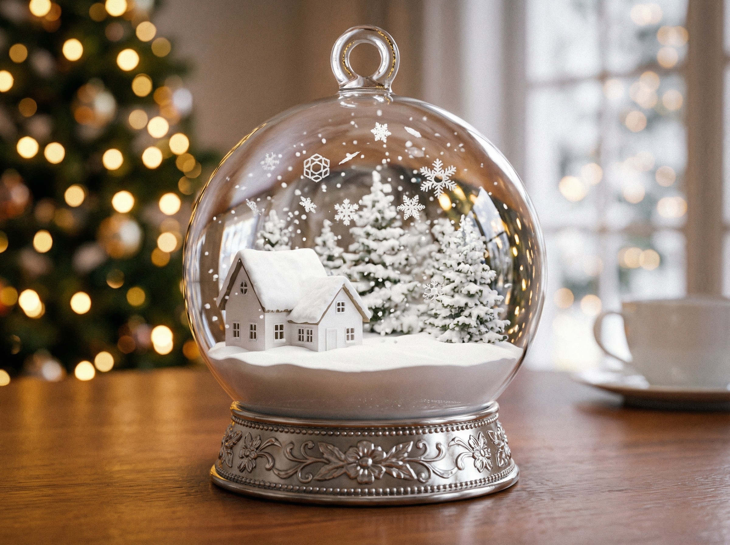 Glass Snow Globe with Winter Scene and Silver Base