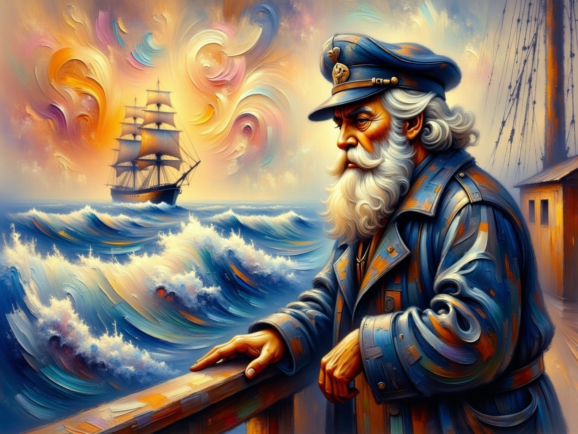 Weathered Sea Captain on Deck at Sunset