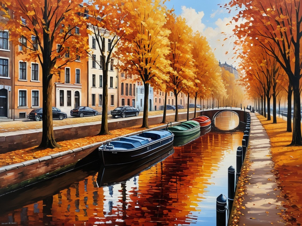 Autumn Canal Scene with Colorful Trees and Boats