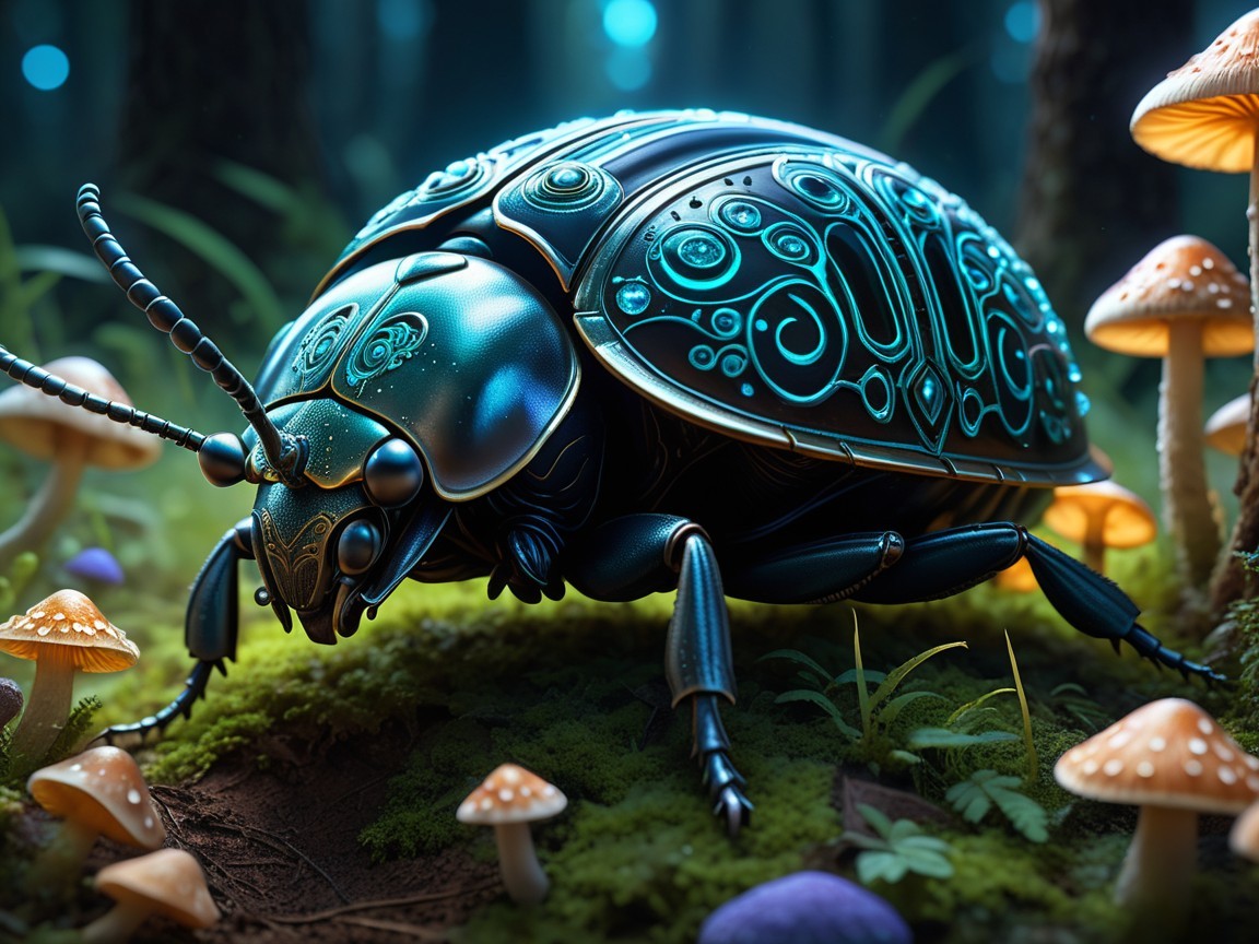 Metallic Insect on Lush Forest Floor with Mushrooms