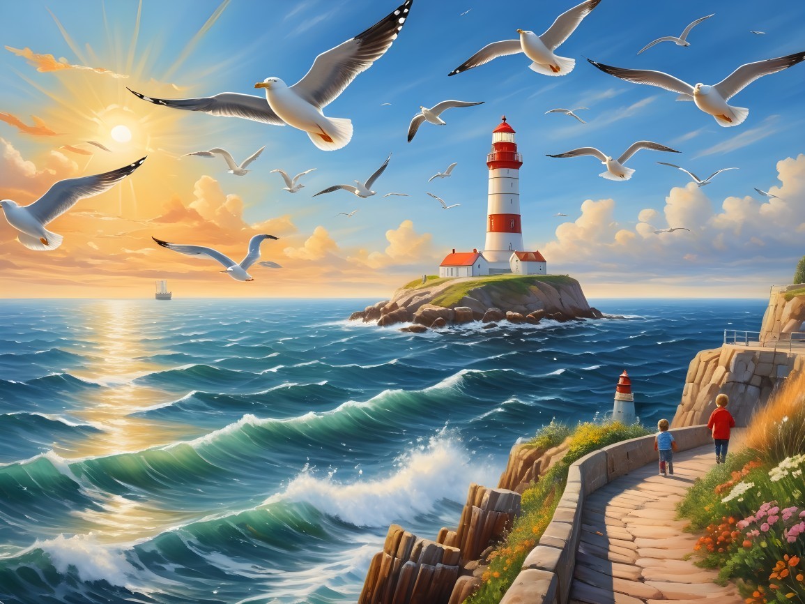 Coastal Scene with Lighthouse and Sunset Atmosphere