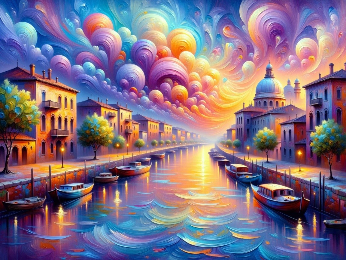 Dreamlike Canal Scene at Sunset with Charming Buildings
