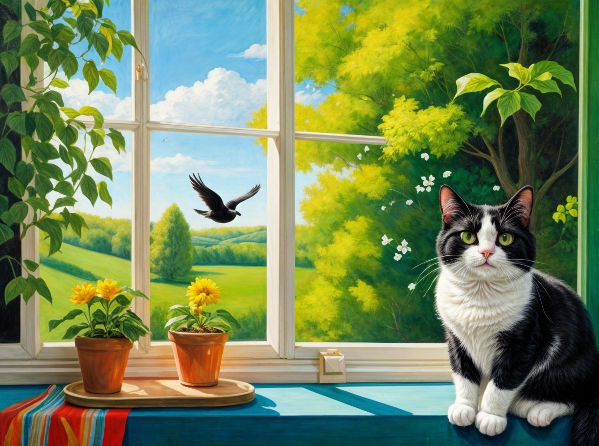 Indoor Scene with Cat, Sunflowers, and Scenic View