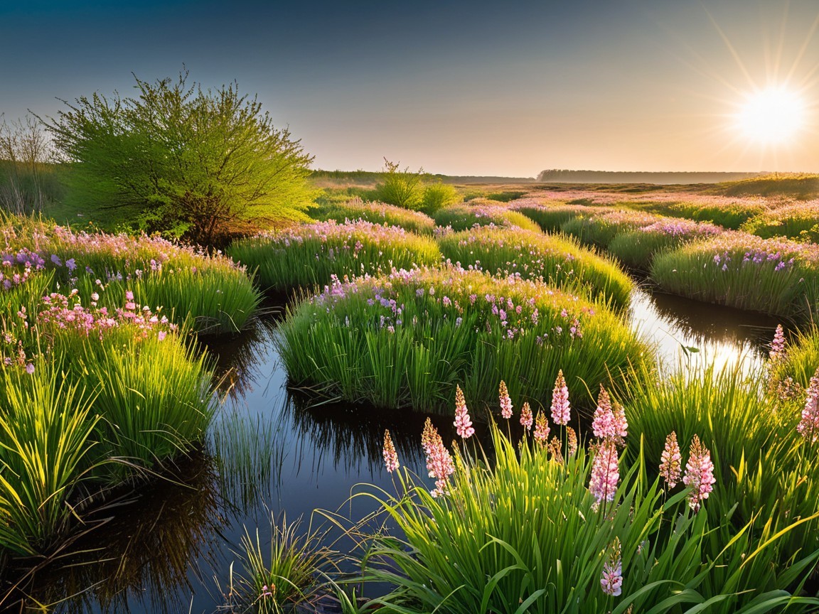 Serene Landscape with Green Grass and Pink Flowers