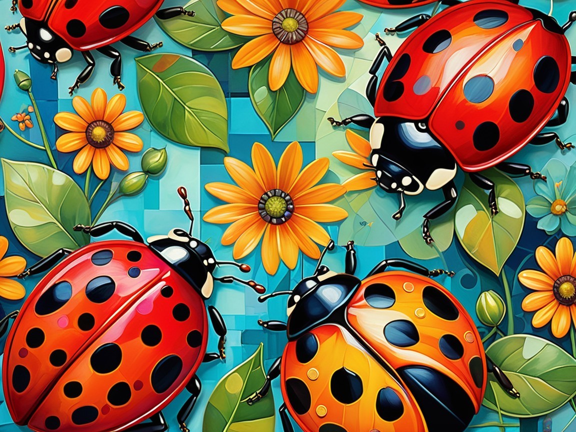 Vibrant Illustration of Ladybugs on Turquoise Background