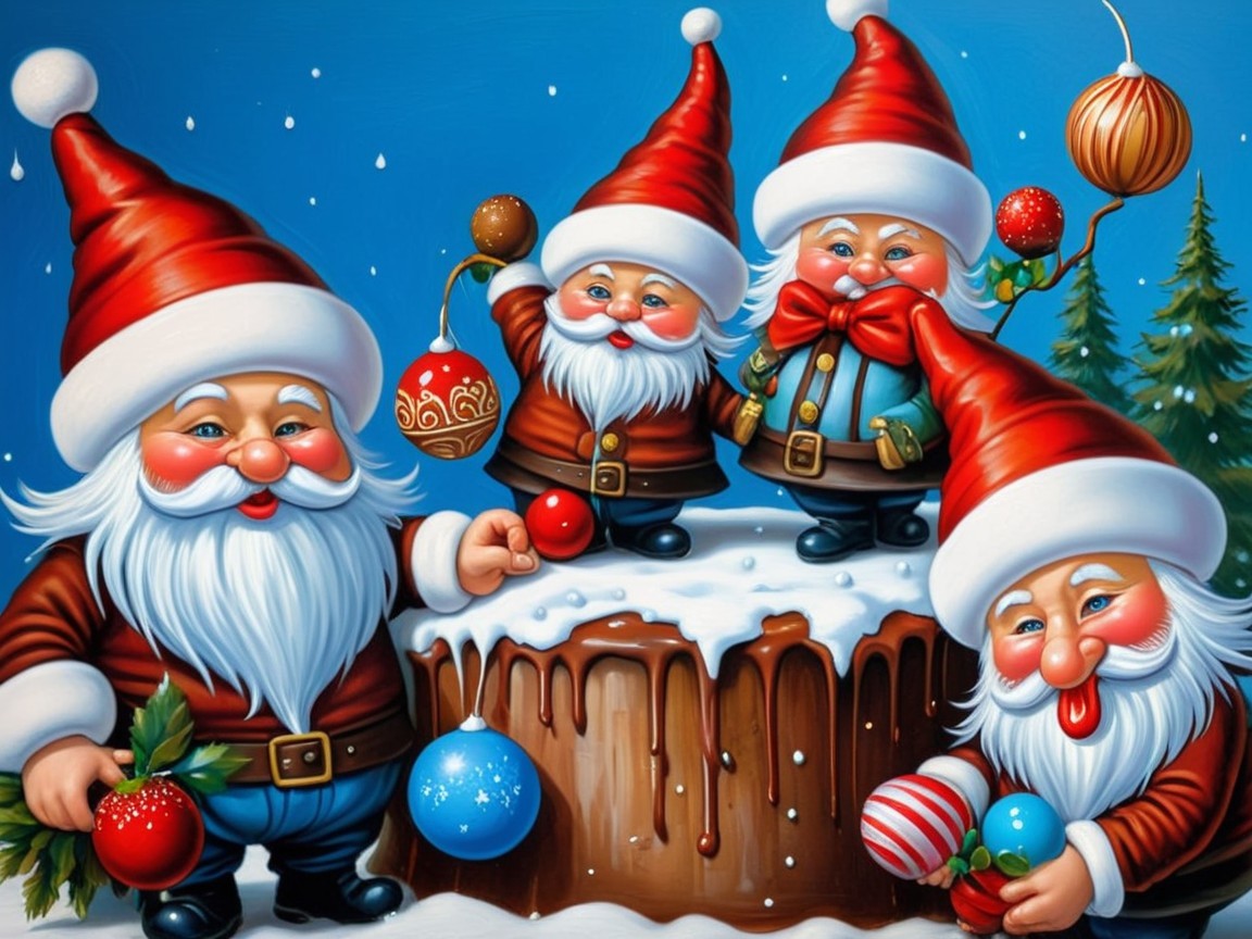 Four Santa Claus Figures Gathered Around a Cake