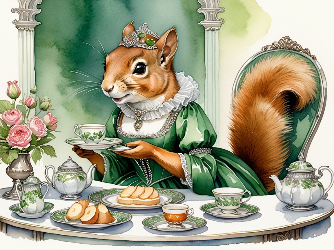 Squirrel in Gown at Elegant Tea Party Illustration