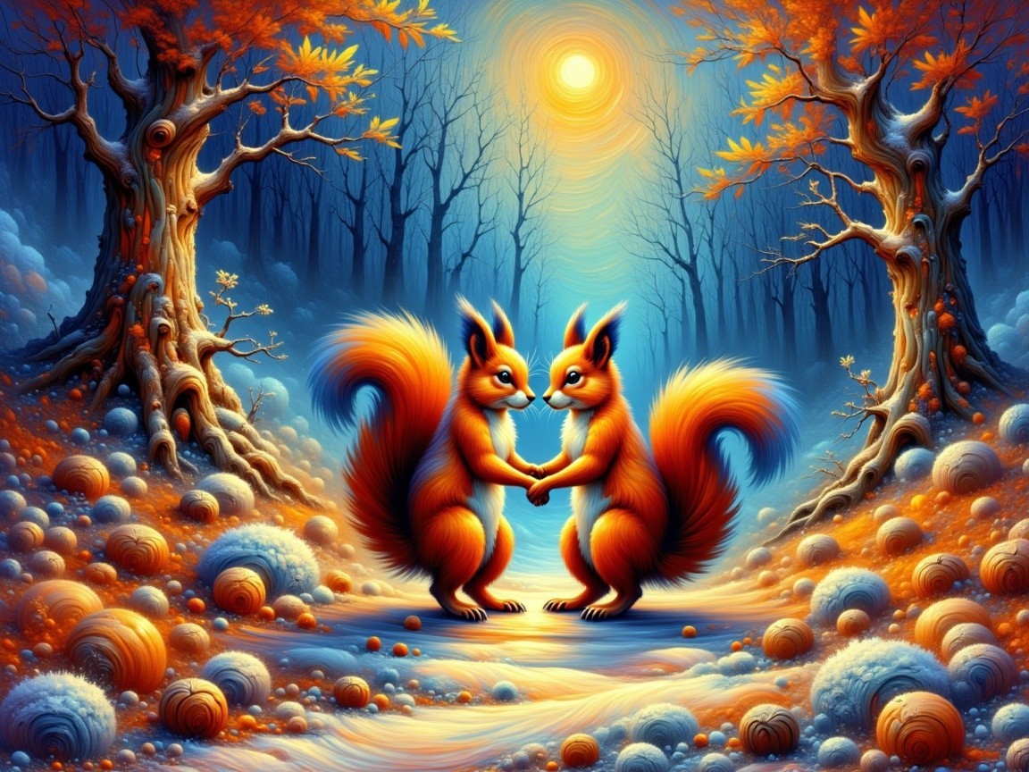 Playful Squirrels in a Vibrant Autumn Forest Scene
