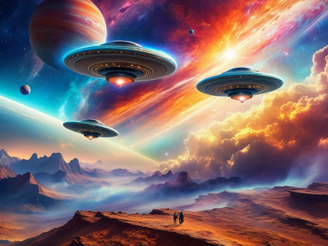 Futuristic UFOs Over Cosmic Mountains and Nebula