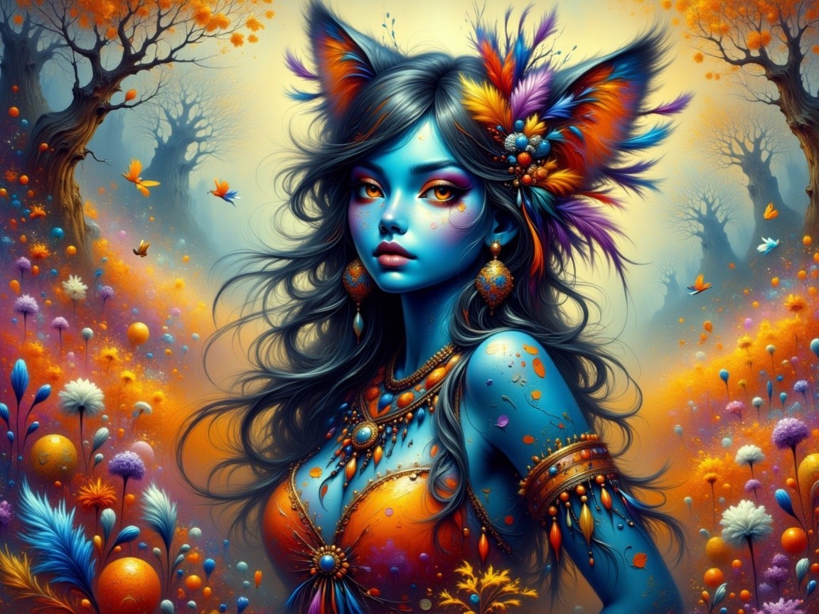 Vibrant Fantasy Scene with Blue-Skinned Girl