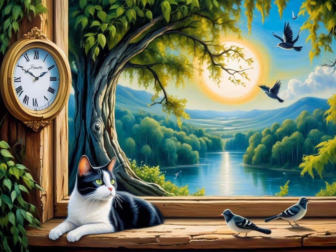 Serene Landscape with Cat and Tranquil River View